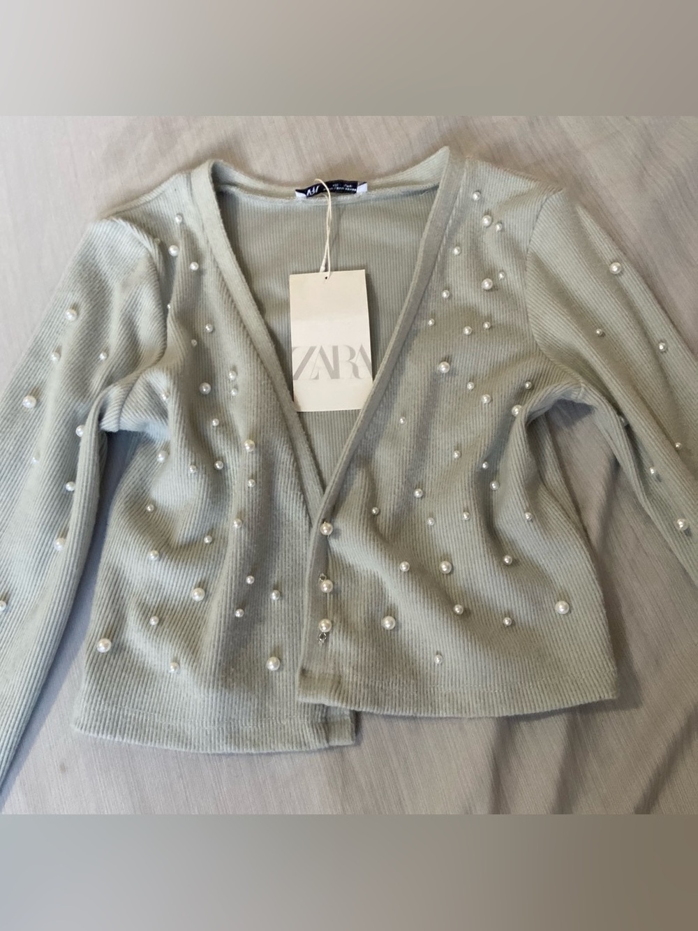 Zara Light Gray Pearl-Embellished V-Neck Cardigan